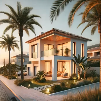 Een moderne mediterrane villa aan de Costa Blanca, Spanje, met witte muren, terracotta dakpannen, en een groene tuin vol palmbomen. Op de achtergrond zie je de zee in de verte.