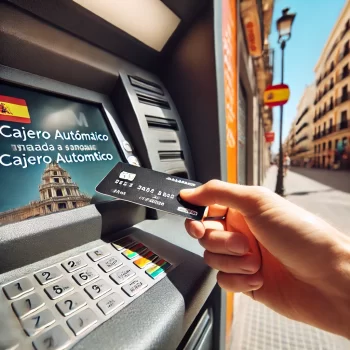 Een close-up van een hand die een bankpas in een Spaanse pinautomaat (Cajero Automático) steekt, met het scherm dat taalopties toont in het Spaans en Engels. Deze persoon gaat geld pinnen in Spanje