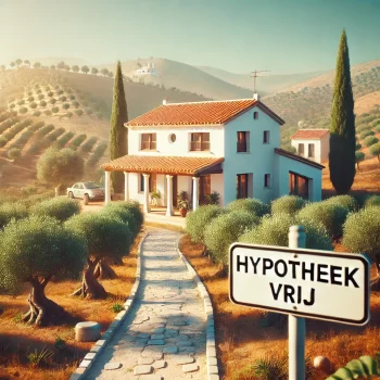Spaanse villa met een bord "Hypotheekvrij" bij de ingang, omgeven door een zonnig landschap en olijfbomen.