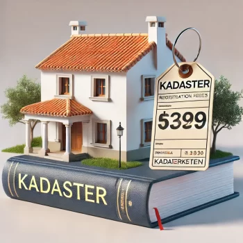 Spaanse villa naast een officieel kadasterboek met een prijslabel, symboliserend de kadasterkosten bij eigendomsregistratie in Spanje.