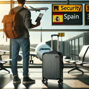 Reiziger met handbagage in een moderne luchthaven, klaar voor een vlucht naar Spanje.