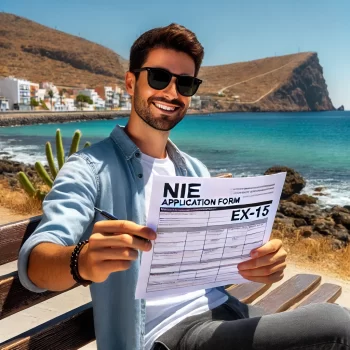 Een persoon zit op een bankje bij de Spaanse kust, met een ingevuld NIE-aanvraagformulier (EX-15) in de hand en een glimlach op het gezicht. De zee is zichtbaar op de achtergrond en de dag is zonnig en helder, wat een gevoel van voldoening en ontspanning geeft. Hij gaat zijn NIE nummer aanvragen in Spanje