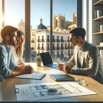 Een Spaanse advocaat geeft juridisch advies aan een stel over de aankoop van een woning. In een modern kantoor liggen juridische documenten en bouwtekeningen op tafel. Door de grote ramen is een Spaanse stad zichtbaar, terwijl de zon buiten schijnt. hij geeft juridische tips in spanje