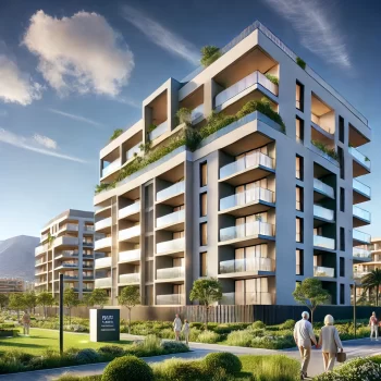 Modern Spaans appartementencomplex met groene omgeving en toeristen die de woning bezichtigen, met bergen op de achtergrond en een verhuurindicatie.