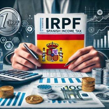 Een persoon houdt een belastingformulier vast met de aanduiding 'IRPF', terwijl op de achtergrond symbolen van de Spaanse inkomstenbelasting zichtbaar zijn.