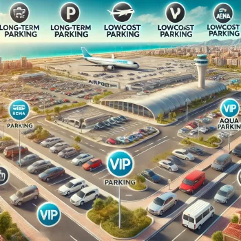 Illustratie van verschillende lange-termijnparkeeropties bij vliegveld Alicante met kenmerken van diverse aanbieders zoals shuttles en VIP-services.