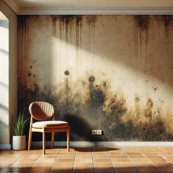 Vochtplekken en schimmel in een moderne Spaanse woonkamer met afbladderende verf en donkere vochtplekken op de muren.