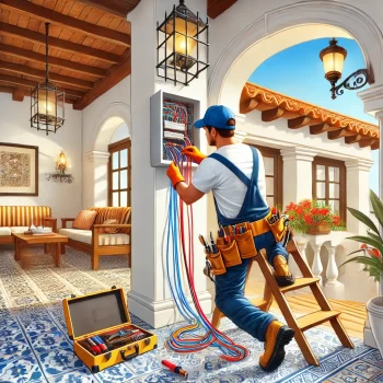 Een elektricien die elektrische bedrading aansluit en vervangt in een Spaanse woning met traditionele kenmerken zoals witte stucco muren, terracotta dakpannen en smeedijzeren details.