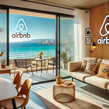 Afbeelding van een modern ingericht appartement aan zee met grote ramen en een balkon met uitzicht op de oceaan, inclusief subtiele verwijzing naar Airbnb op een kussen.