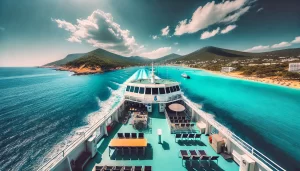 Passagiers op het dek van een ferry onderweg van Denia naar Ibiza, met turquoise wateren en Ibiza's groene kustlijn in de verte.