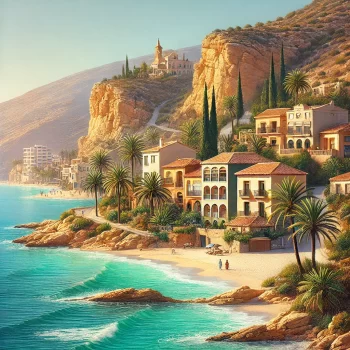 Uitzicht op een strand aan de Costa Blanca in Oost Spanje met turquoise water, witte zandstranden, rotsachtige kliffen en Spaanse huizen met terracotta daken