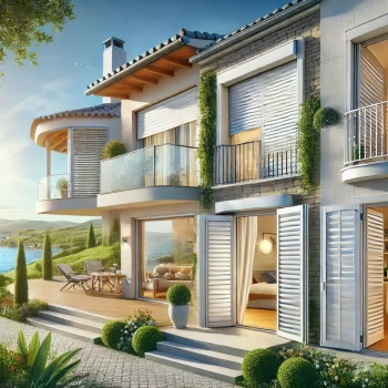 Illustratie van diverse rolluiken in Spanje, waaronder aluminium, houten en PVC-varianten op moderne en traditionele Spaanse huizen