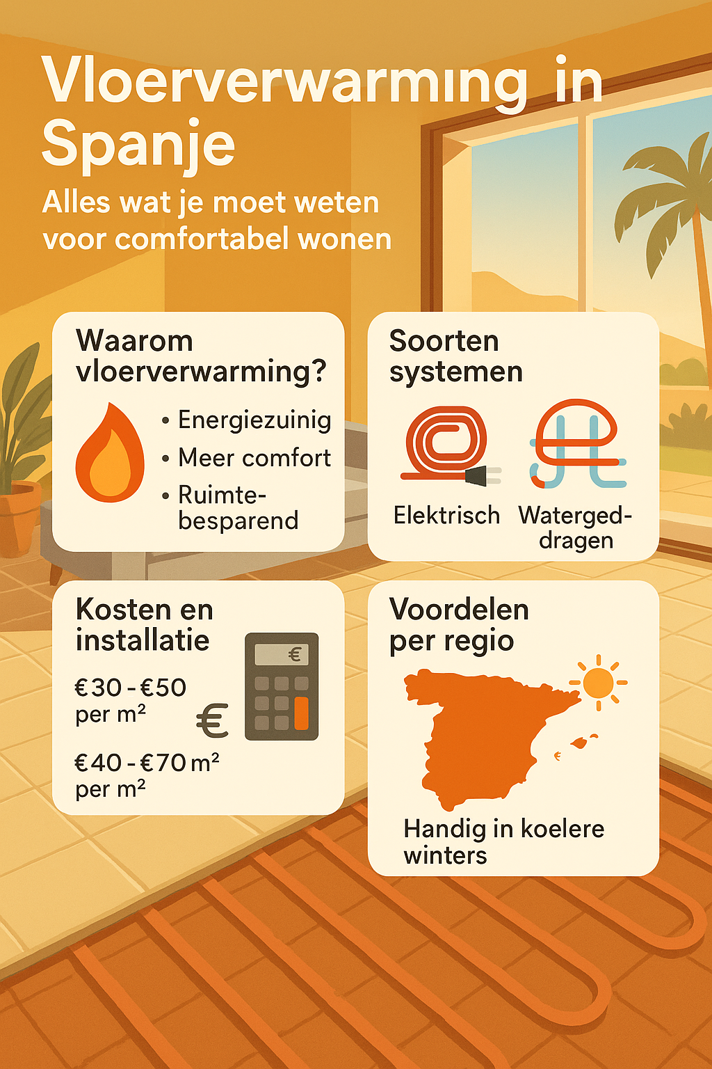 Informatieve illustratie over vloerverwarming in Spanje met voordelen, soorten systemen, kosten en regionale toepassingen.