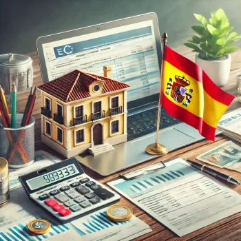 Illustratie van een boekhoudersbureau in Spanje met rekenmachine, documenten, laptop en Spaanse vlag, representerend lokale belastingexpertise