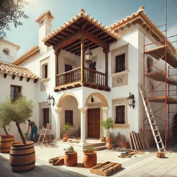 Een traditionele Spaanse villa met witte stucco muren en terracotta dakpannen in renovatie, omringd door steigers en planten in potten, met een heldere blauwe lucht op de achtergrond. Ze zijn een huis opknappen in Spanje
