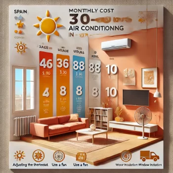 Infographic die de maandelijkse kosten van airconditioning gebruik in Spanje toont met een grafiek van gebruiksuren versus kosten, plus energiebesparende tips.