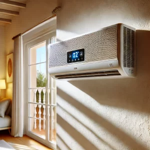 Close-up afbeelding van een moderne, aan de muur gemonteerde airconditioner in een zonnig Spaans huisinterieur met mediterrane stijlkenmerken.