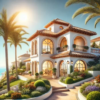 Mediterrane villa aan de Costa Blanca, Spanje, met witte muren, een terracotta dak, omringd door een tuin met palmbomen en bloemen onder een heldere blauwe hemel. Maar wat kost een huis aan de Costa Blanca?