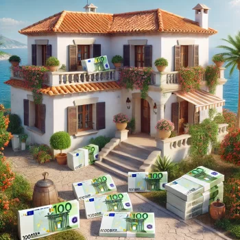 Afbeelding van een traditioneel Spaans kusthuis met eurobankbiljetten die rond het huis liggen, symbool voor een contante aankoop. Het huis heeft witte muren, een terracotta dak, en de Middellandse Zee is zichtbaar op de achtergrond. Huis kopen in spanje met contant geld