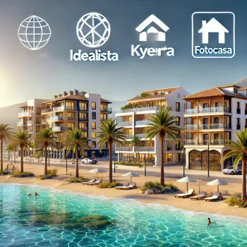 Zicht op moderne en traditionele appartementen aan de kust van de Costa Blanca, Spanje, met palmbomen, zandstranden, helderblauw water, en logo's van vastgoedplatforms Idealista, Kyero, en Fotocasa.