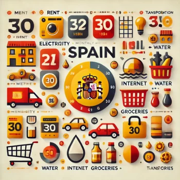 Illustratie van maandelijkse kosten in Spanje, met iconen voor huur, elektriciteit, water, internet, boodschappen en vervoer.
