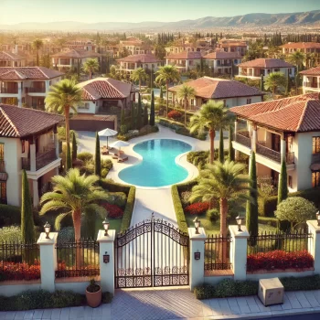 Luxe gated community in Spanje met Spaanse villa’s, zwembad, goed onderhouden tuinen en decoratief hek in mediterrane omgeving.