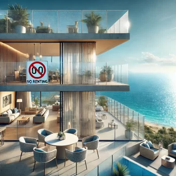 Afbeelding van een modern appartement met glazen balkon en uitzicht op de zee in Denia, Costa Blanca, met een duidelijk rode 'STOP'-bord dat het verbod op toeristische verhuur benadrukt.