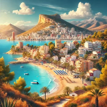 Uitzicht op de kustlijn van de Costa Blanca in Spanje, met witte huizen op de heuvels, gouden stranden en helderblauw water. Populair bij Nederlanders