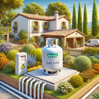 Afbeelding van een kleine gastank in een Spaanse tuin, geplaatst bij een traditionele villa met groen en een blauwe lucht.