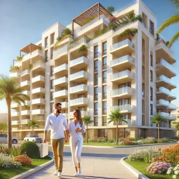 Een modern nieuwbouw appartementencomplex in Spanje met witte en beige architectuur, grote balkons, omgeven door een mediterrane tuin met palmbomen en kleurrijke bloemen. Een stel loopt blij richting het gebouw, met een map in hun hand, onder een zonnige blauwe lucht.