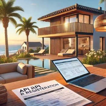 Moderne Spaanse vakantiewoning met een API registratiedocument in de voorgrond, belangrijk voor legale toeristische verhuur.