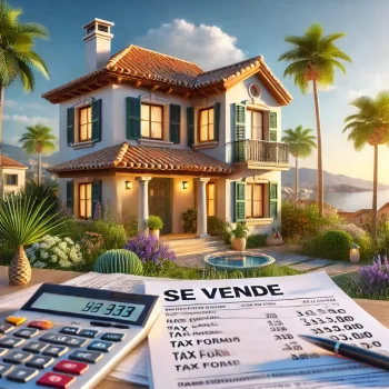 Huis te koop in Spanje met een 'Se Vende' bord en financiële documenten voor belastingberekeningen.