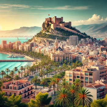 Prachtig uitzicht op Alicante, Spanje, met het Santa Bárbara-kasteel, stad en zee. huis kopen in spanje alicante