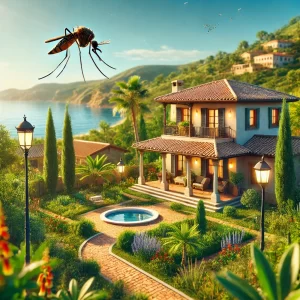 Mediterrane woning in Spanje met een tuin, uitzicht op zee en een mug op de voorgrond