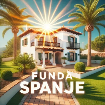 Traditioneel Spaanse villa met terracotta dak en uitzicht op een zonnige omgeving, begeleid door de tekst 'Funda Spanje