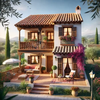 Traditionele Spaanse woning met terracotta dakpannen en een kleurrijke patio, perfect om de voordelen van bestaande bouw in Spanje te illustreren. bestaande bouw kopen in Spanje