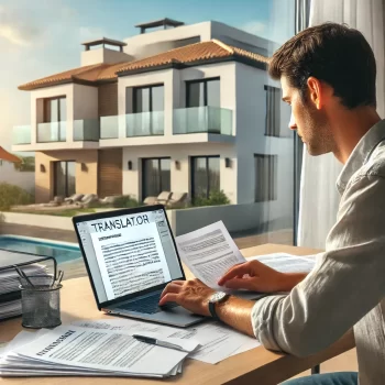 Professionele vertaler aan het werk met documenten voor een vastgoedtransactie in Spanje, met een Spaanse villa op de achtergrond.