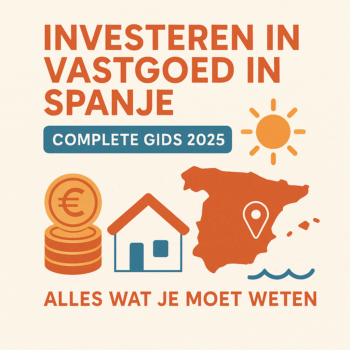 Thumbnail afbeelding met iconen van muntstapel, huis, zon en kaart van Spanje met tekst "Investeren in Vastgoed in Spanje – Complete Gids 2025 – Alles wat je moet weten"