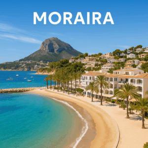 Vierkante thumbnail van Moraira met uitzicht op de haven, het bekende torentje en de Middellandse Zee.