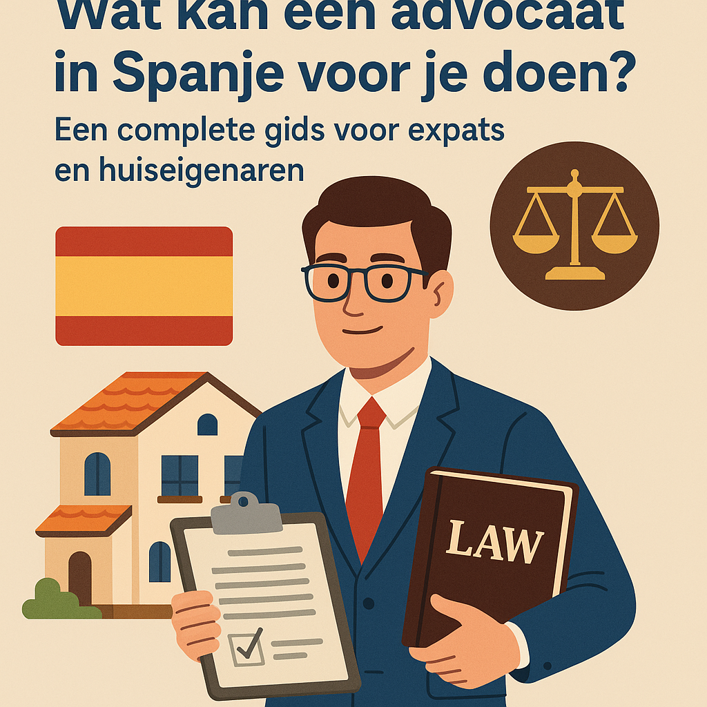 Illustratie van een advocaat in Spanje met een wetboek en een villa op de achtergrond, symbool voor juridische begeleiding bij vastgoed, erfrecht en belastingen.