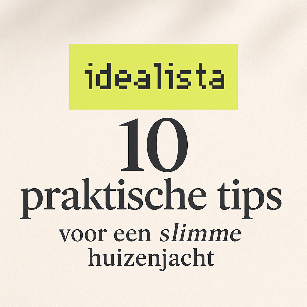 Afbeelding met Idealista-logo en tekst “10 praktische tips voor een slimme huizenjacht” in luxe Ibiza-stijl ontwerp.