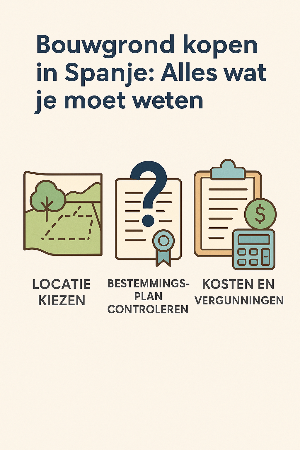 Infographic over bouwgrond kopen in Spanje met drie stappen: locatie kiezen, bestemmingsplan controleren en kosten en vergunningen berekenen.