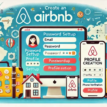 Illustratie van het proces om een Airbnb account te maken, met een laptop en smartphone die het Airbnb-platform tonen, inclusief stappen zoals e-mailregistratie, wachtwoordinstelling en profielaanmaak.
