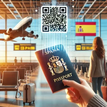 Afbeelding van een reiziger op een vliegveld met een paspoort en een mobiele telefoon waarop een QR-code zichtbaar is, symbool voor het nieuwe registratiesysteem voor toegang tot Spanje.