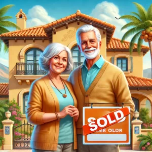Blije senioren boven de 65 jaar voor hun verkochte Spaanse woning met een 'Sold'-bord in de tuin. overwaarde in Spanje vanaf 65 jaar