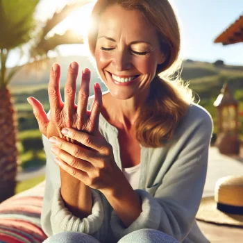 Een vrouw met reuma in haar handen, zittend in de zon in Spanje, omringd door een serene mediterrane omgeving. Ze voelt zich comfortabel en ontspannen. Reuma Spanje
