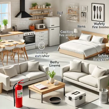 Afbeelding van een gezellige Airbnb-accommodatie met een woonkamer, keuken en slaapkamer. Voorzien van essentiële items zoals een bed met fris beddengoed, kookgerei, een brandblusser en een welkomstgids op de tafel. Checklist voor Verhuur op Airbnb