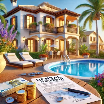 Illustratie van een luxe Spaanse villa met een zwembad, omringd door palmbomen en bloemen, met sleutels, euro’s en een huurovereenkomst op de voorgrond. Perfect voor verhuurtips in Spanje. Verhuur tips spanje in dit artikel