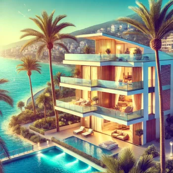 Een mediterraan huis aan de Costa Blanca met uitzicht op zee, palmbomen en een zonnige blauwe lucht.