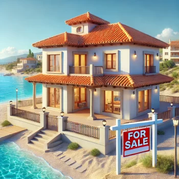 Een realistische afbeelding van een mediterraans huis in Spanje, met een te koop-bord, zicht op de zee, een zonnige lucht, en een zandstrand op de achtergrond.